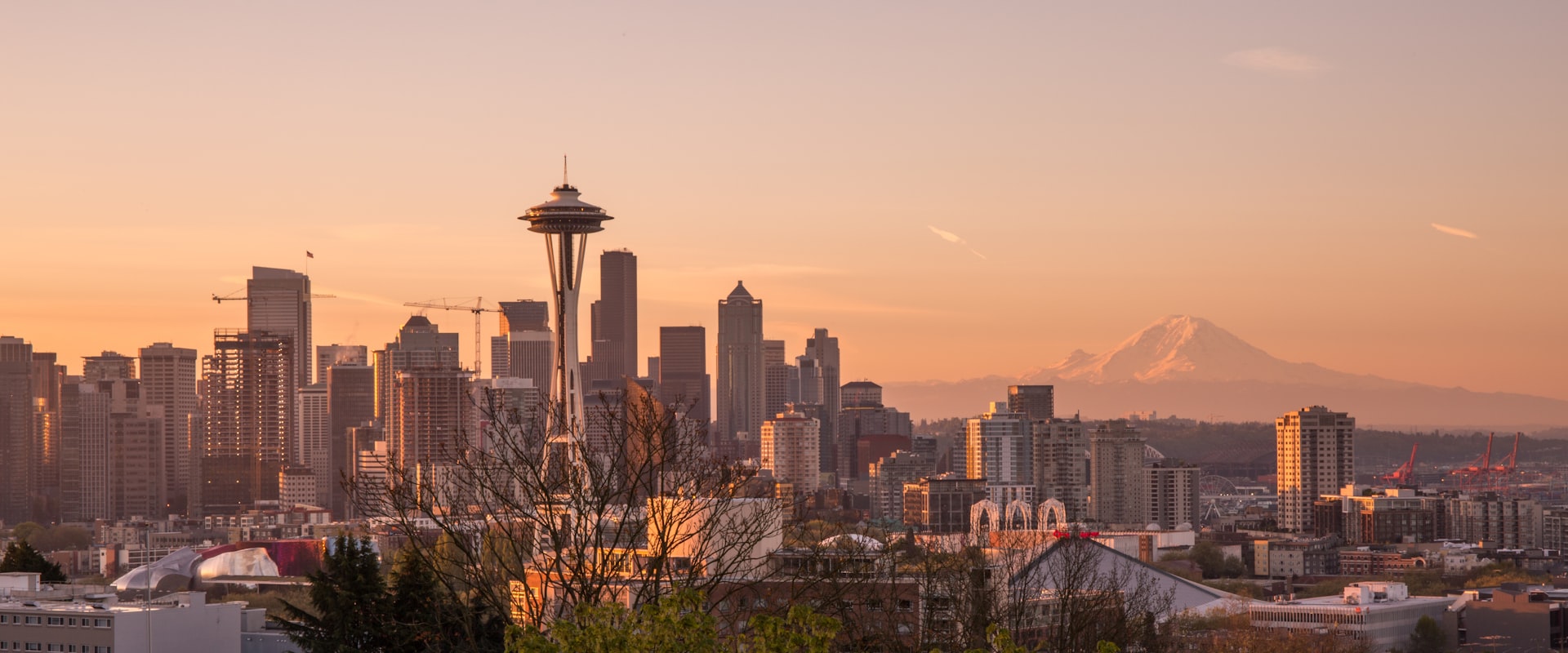 Aerial view of Seattle, the waterfront, and the surrounding region